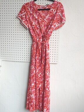 Red Boho Floral Tie-Waist Maxi Dress